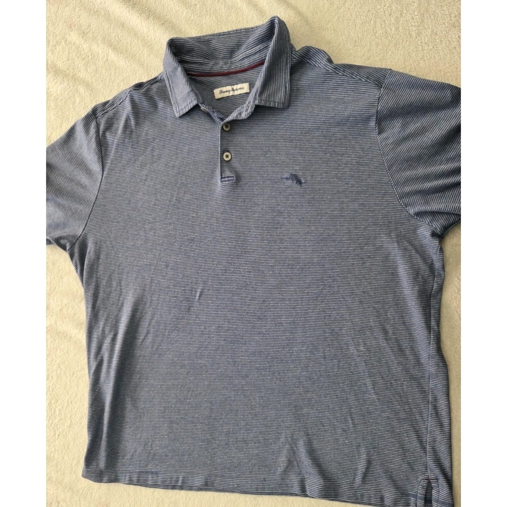 Tommy Bahama XL Blue White Stripe Short Sleeve Polo Shirt 100% Cotton Preppy